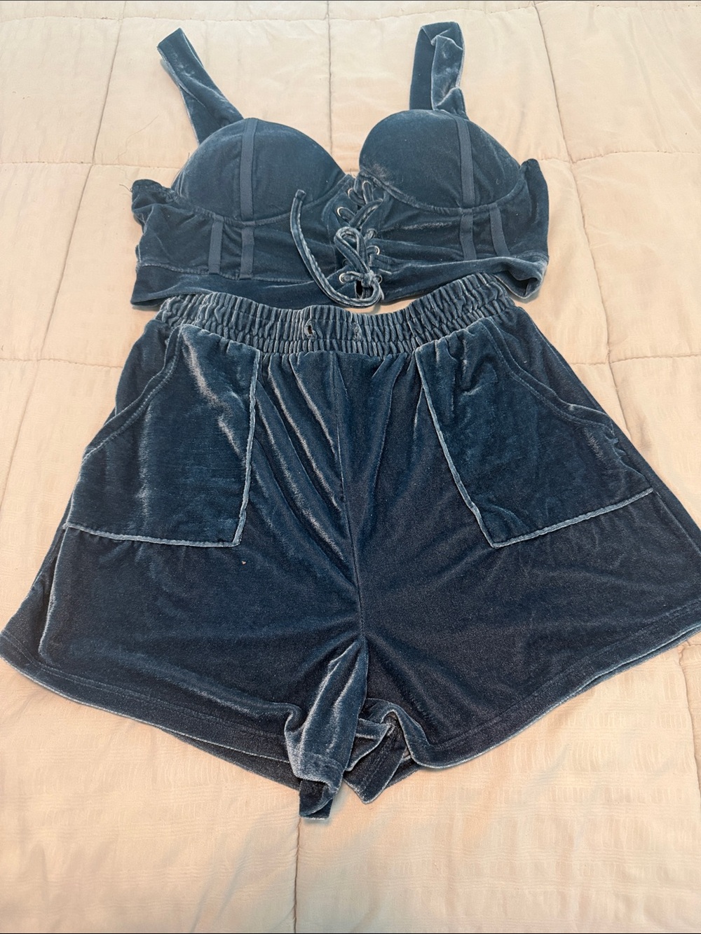 Haute Monde Velvet Lace-Up Bralette & Elastic Waist Shorts - Teal